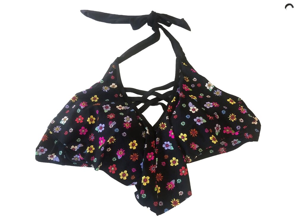 NEW California Waves Plus Black Floral Bikini Top Bralette Halter Sz 22/24